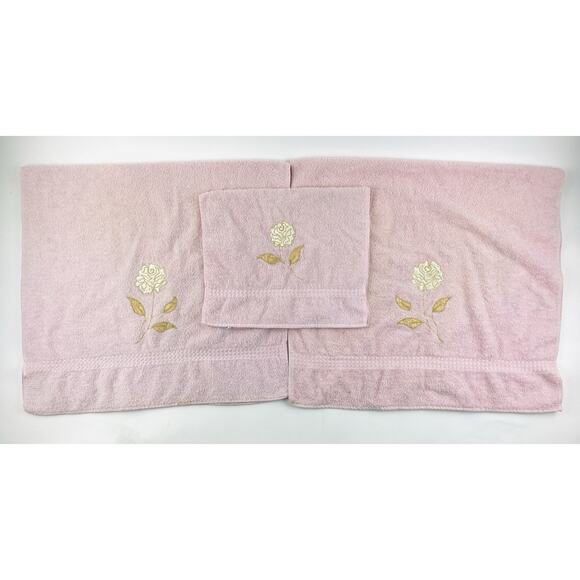 Cannon Bath Body Hand Towel Set Vintage Pink Floral Appliqué Gold Rose USA Flowe - Picture 3 of 16